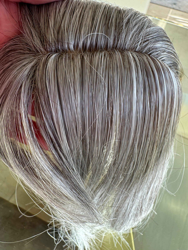 Tillstyle synthetic silver white brown grey hair topper with bangs  clip in hair top piece for thinning crown