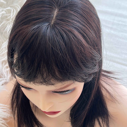 Synthetic hair toppers with bangs dark brown with burgundy highlights