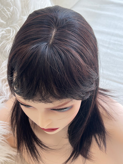 Synthetic hair toppers with bangs dark brown with burgundy highlights