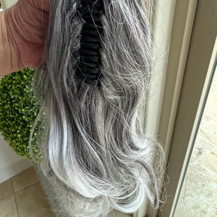 Tillstyle  medium grey curly claw clip ponytail white ends