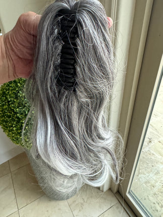 Tillstyle  medium grey curly claw clip ponytail white ends