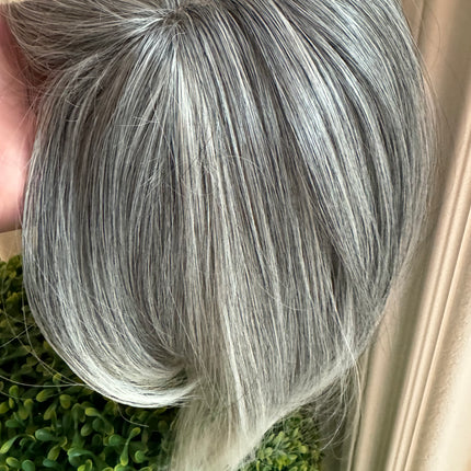 Till style  grey hair toppers for women with butterfly bangs Salt and Pepper pale white Mix Hair