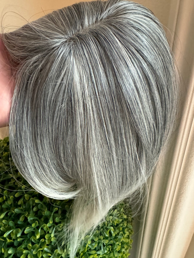 Till style  grey hair toppers for women with butterfly bangs Salt and Pepper pale white Mix Hair