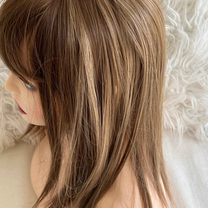 Synthetic hair toppers for women with bangs brown with dull blonde highlights