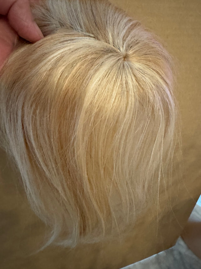 Tillstyle top hair piece 100%human hair platinum blonde highlighted clip in hair toppers for thinning crown