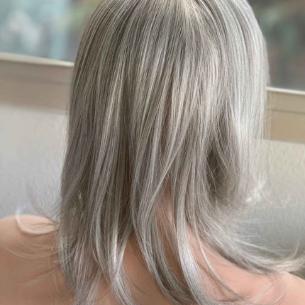 Till style blonde grey hair toppers with bangs /layered