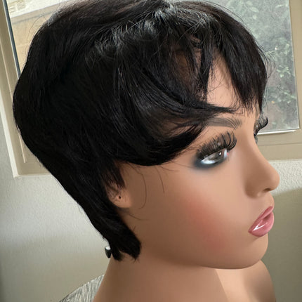 Black Short layered pixie wigs for women human hair wigs with bangs glueless