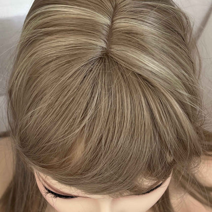 Synthetic hair topper with bangs ombre with dull blonde highlights clip in hair