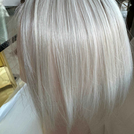 Tillstyle synthetic hair top piece  with bangs white blonde /ice blonde clip in hair piece for thinning crown