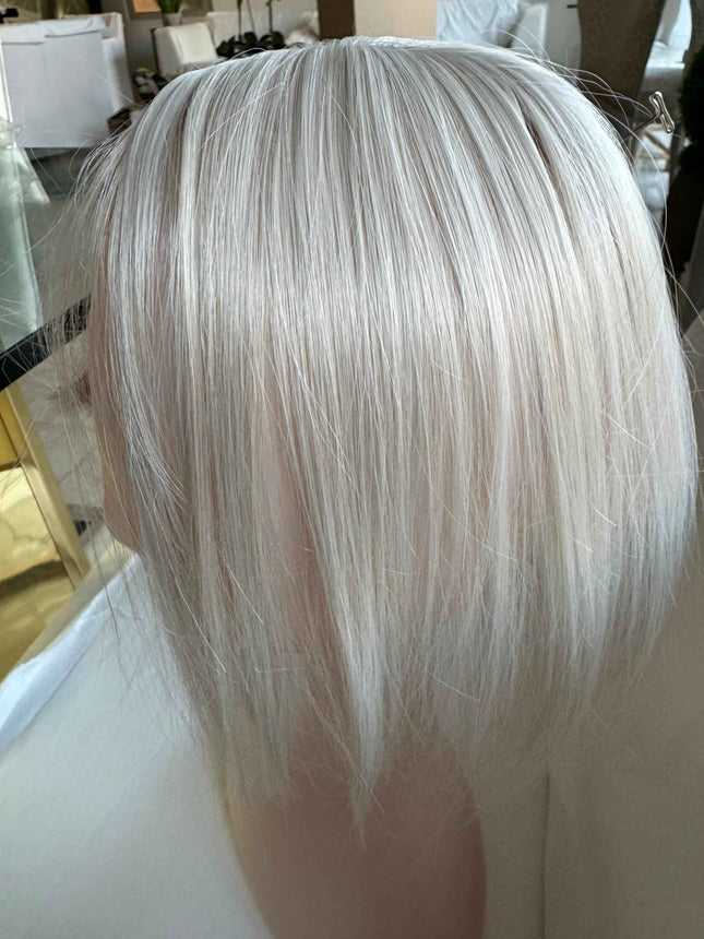 Tillstyle synthetic hair top piece  with bangs white blonde /ice blonde clip in hair piece for thinning crown