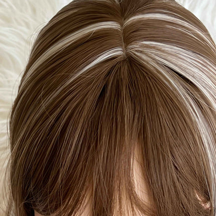 Synthetic hair toppers with bangs for women brown highlighted topper