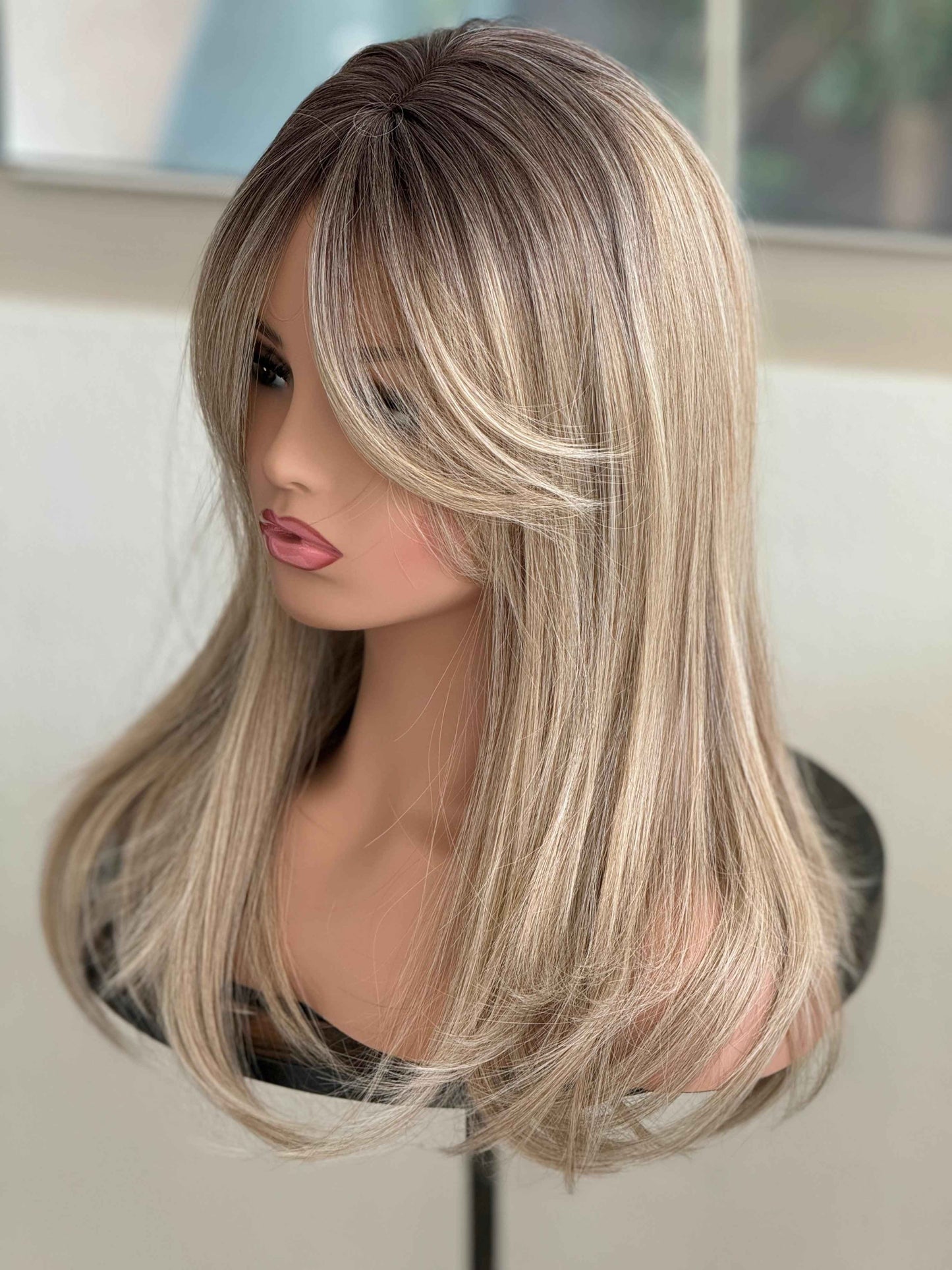 Tillstyle  blonde with ombre brown roots hair toppers with bangs