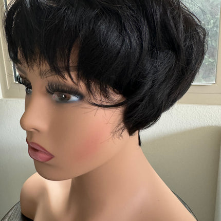 Black Short layered pixie wigs for women human hair wigs with bangs glueless