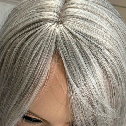 Till style blonde grey hair toppers with bangs /layered