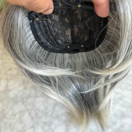 Till style  grey hair toppers for women  Salt and Pepper pale white Mix Hair with yellowish white