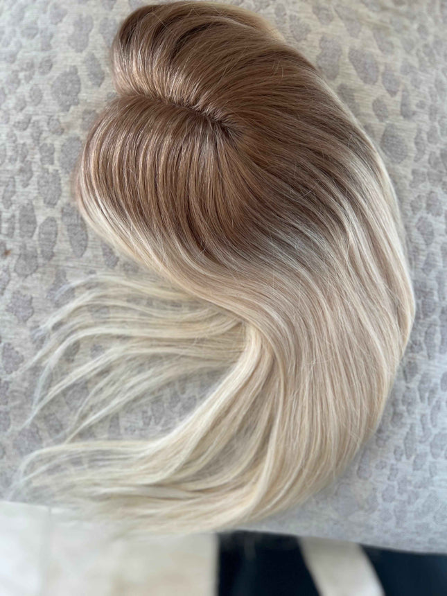 TillStyle blonde human hair topper Dark Rooted mono base