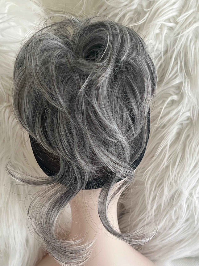 Tillstyle hairbun scrunchie with straight hair bangs hair piece grey with mixed white hair