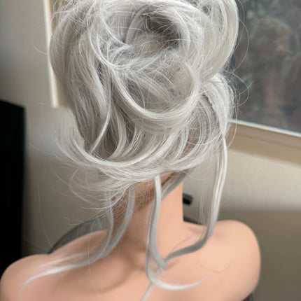 Tillstyle  white silver messy hair bun with bangs elastic hair bun