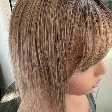 Till style remy human Hair Toppers with bangs brown highlighted