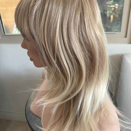 Tillstyle bleach blonde with ombre highlights wig with bangs layered synthetic wig