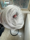 Tillstyle white silver hairbun scrunchie with straight hair bangs tousled updo