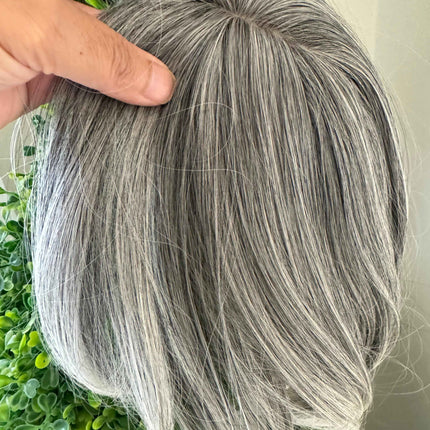 Till style  grey hair toppers for women  Salt and Pepper pale white Mix Hair with yellowish white