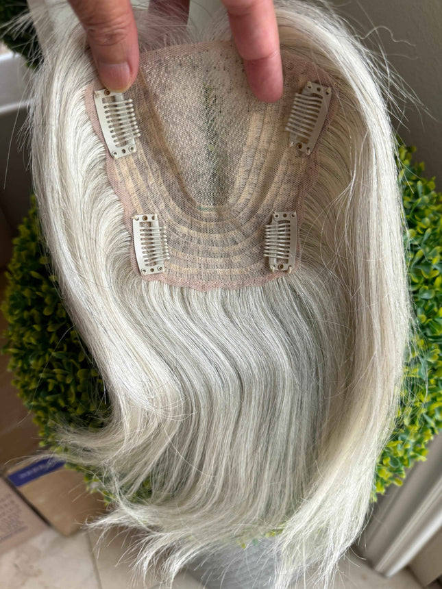 Tillstyle white human hair topper/real part/breathable base/no bangs