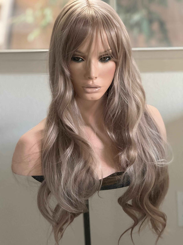 Tillstyle long  body wave wig ash  blonde with highlights wig with bangs layered synthetic