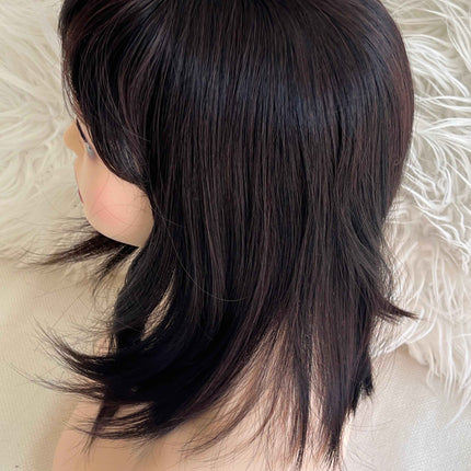 Synthetic hair toppers with bangs dark brown with burgundy highlights