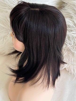 Synthetic hair toppers with bangs dark brown with burgundy highlights