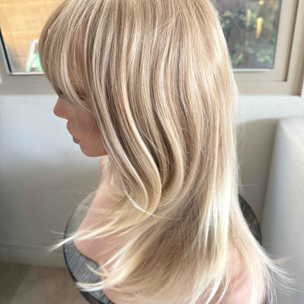 Tillstyle bleach blonde with ombre highlights wig with bangs layered synthetic wig