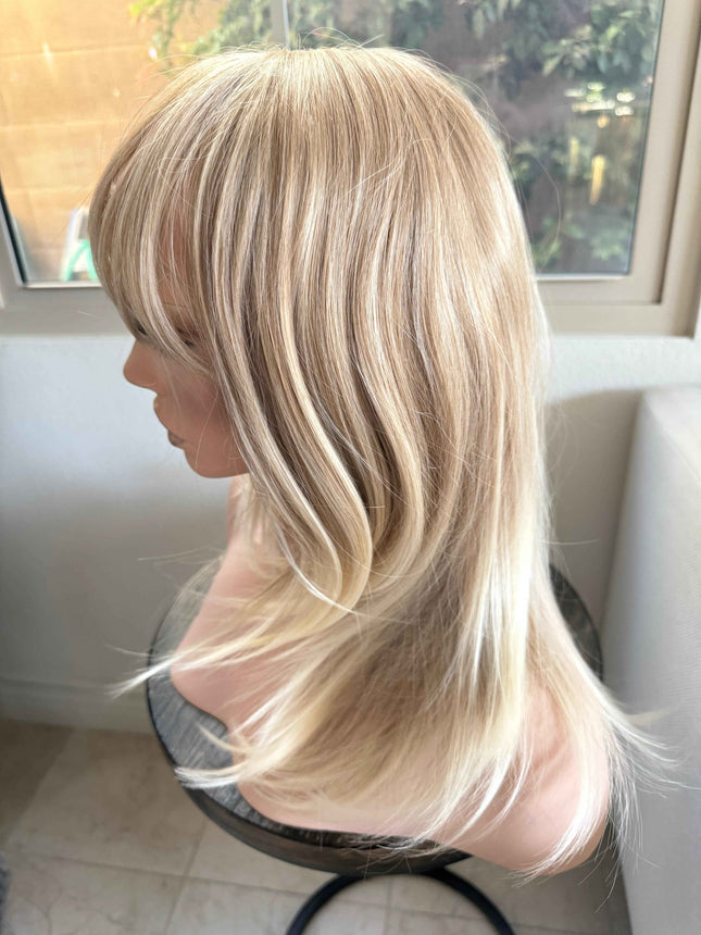 Tillstyle bleach blonde with ombre highlights wig with bangs layered synthetic wig