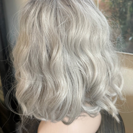 Tillstyle short  silver grey bob wigs for women loose body wave air bangs  synthetic premium fibre