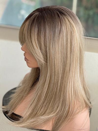 Tillstyle  ash blonde with ombre brown roots hair toppers with bangs