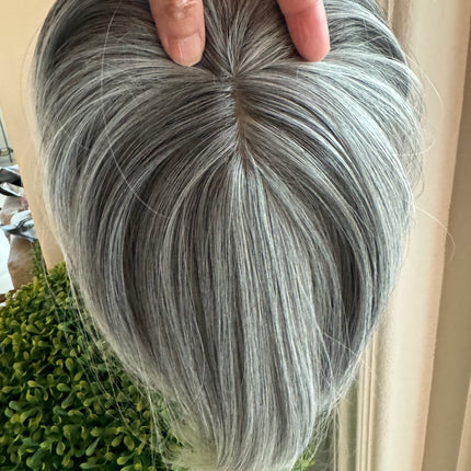 Till style  grey hair toppers for women with butterfly bangs Salt and Pepper pale white Mix Hair