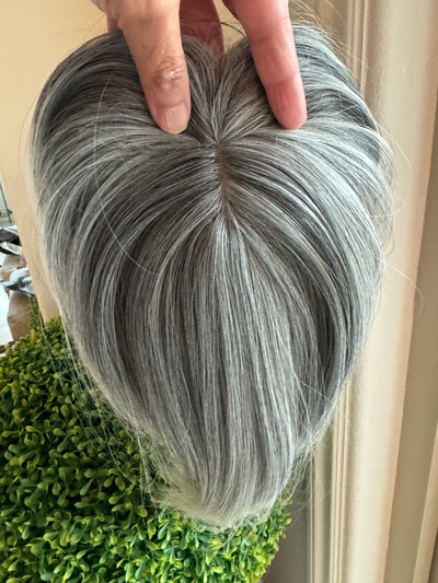 Till style  grey hair toppers for women with butterfly bangs Salt and Pepper pale white Mix Hair