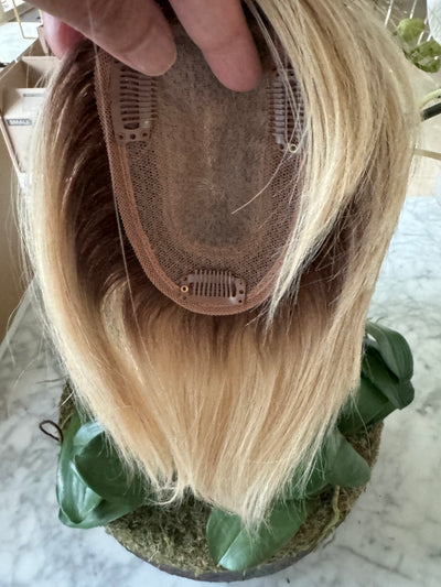 Till style remy human Hair Toppers with bangs blonde ash brown roots