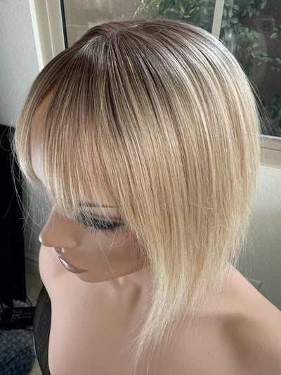 Till style remy human Hair Toppers with bangs bleach blonde/brown roots