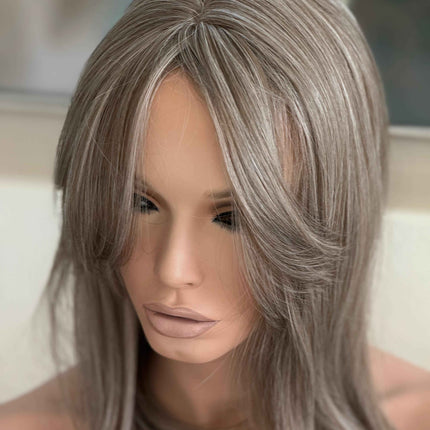 Till style grey ash brown highlighted grey hair toppers for women / bangs