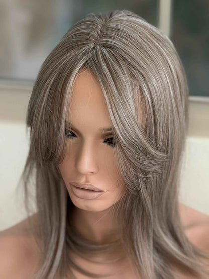 Till style grey ash brown highlighted grey hair toppers for women / bangs