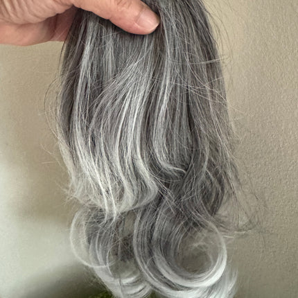 Tillstyle  medium grey curly claw clip ponytail white ends