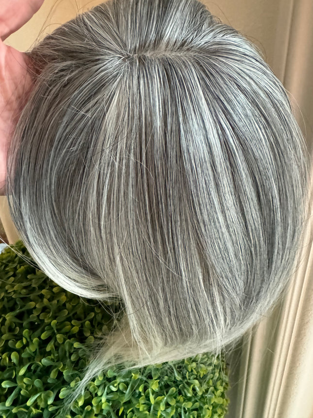 Till style  grey pale white highlights hair toppers for women with butterfly bangs