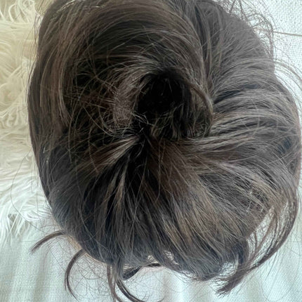 Tillstyle elastic hairbun scrunchie with bangs hair piece dark brown with lighter brown highlights