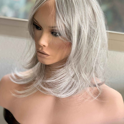 Till style blonde grey hair toppers with bangs /layered