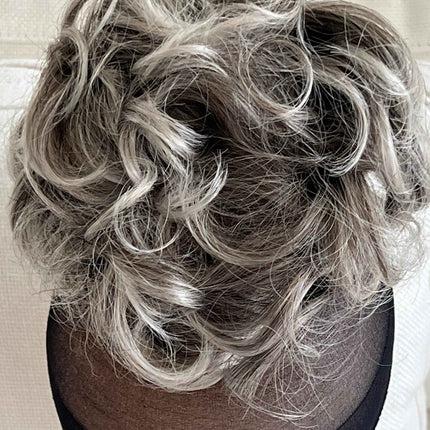 Tillstyle grey silver blonde claw clip in messy bun hair piece curly hair
With creamy ends