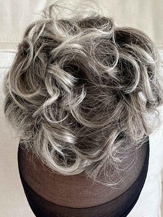 Tillstyle grey silver blonde claw clip in messy bun hair piece curly hair
With creamy ends