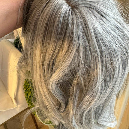 Tillstyle light grey silver wig with curtain bangs for women layered grey wig with pale white ends