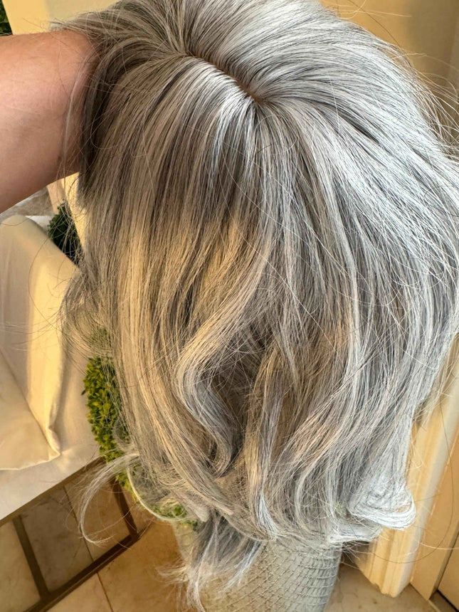 Tillstyle light grey silver wig with curtain bangs for women layered grey wig with pale white ends