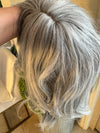 Tillstyle light grey silver wig with curtain bangs for women layered grey wig with pale white ends