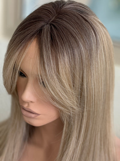 Tillstyle  ash blonde with ombre brown roots hair toppers with bangs